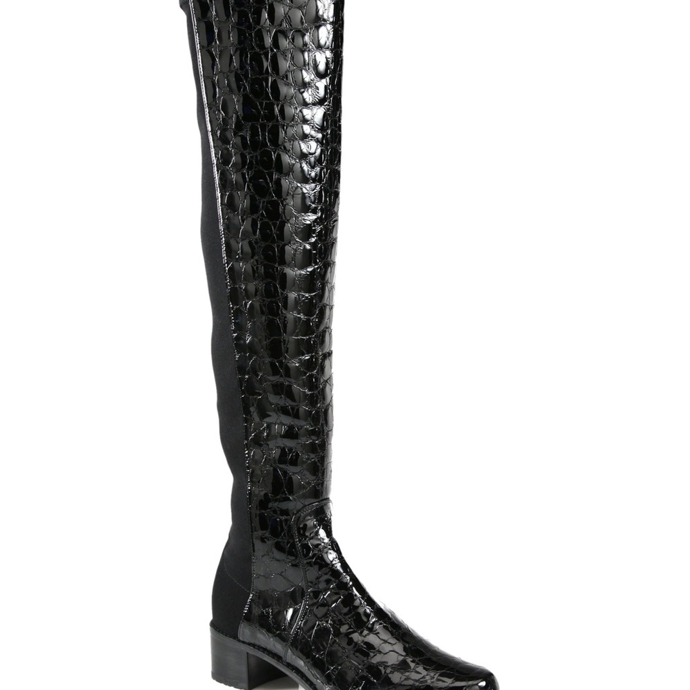 Stuart Weitzman 50/50 Luxurious Black Over the Knee Boots with Crocodile Texture